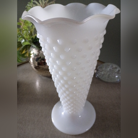 Other - Vintage White Milk Glass Footed Vase, Ruffled Edge Hobnail Dots, 9.5 inch